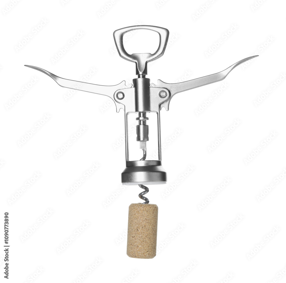 Wing corkscrew and cork on white background Wing corkscrew and cork on white background