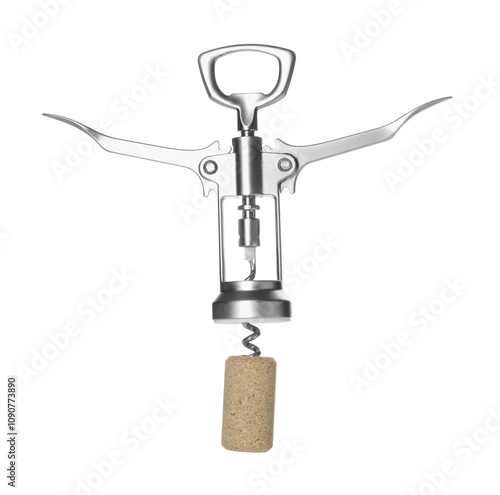 Wing corkscrew and cork on white background