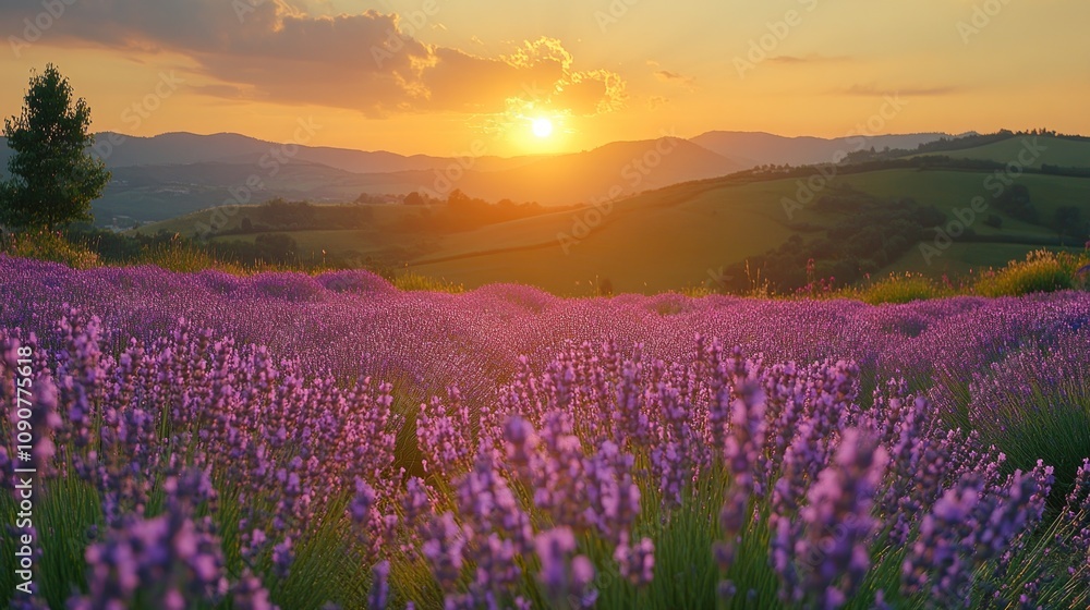 Fototapeta premium Sunset over a vibrant lavender field in a serene landscape.