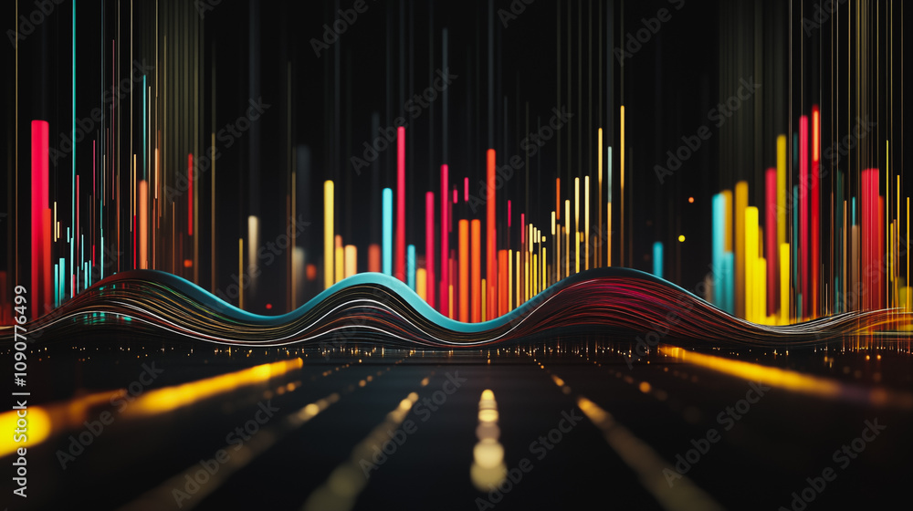 Fototapeta premium Abstract black background with 3D Colorful charts and graphs with statistics to innovative analyze business potential and forecast future development of companies growth.