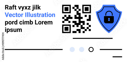 QR code, blue shield with lock, placeholder text, and horizontal lines. Ideal for security, technology, digital business, website design, cybersecurity, data protection, and information. Landing page