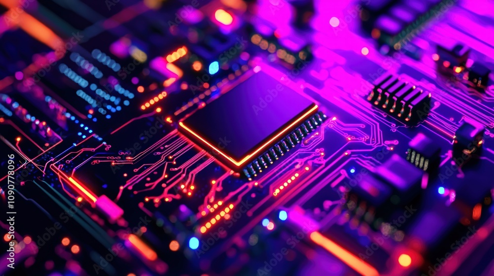 Fototapeta premium A vibrant close-up of a circuit board showcasing intricate details and glowing components in shades of purple and blue.