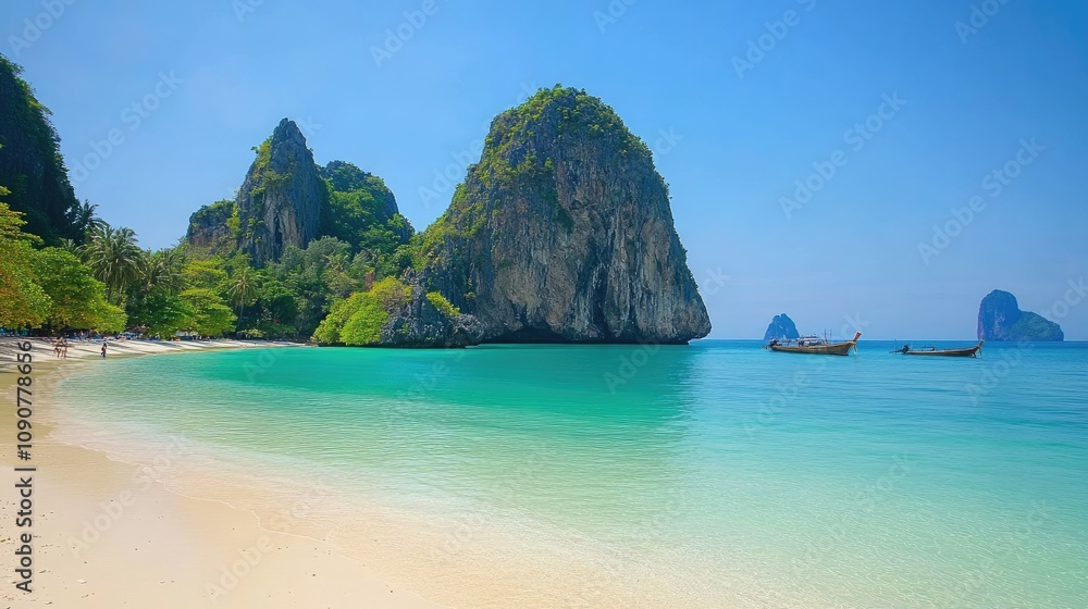 Fototapeta premium Serene Tropical Beach with Clear Turquoise Water, Lush Greenery, and Majestic Rock Formations Under a Clear Blue Sky on a Sunny Day