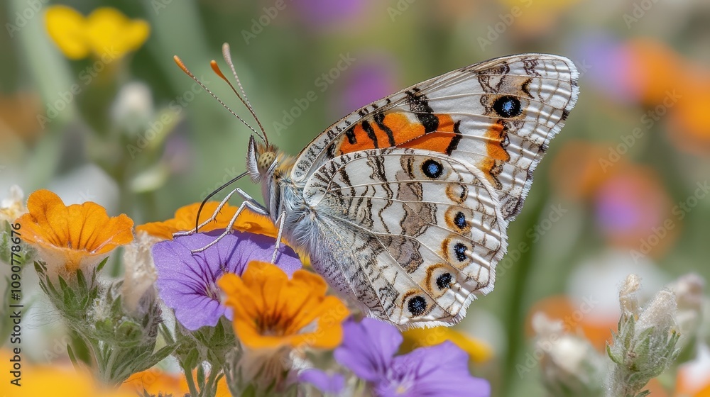 Obraz premium Beautiful butterfly resting on colorful flowers in a vibrant garden, showcasing intricate patterns and vivid hues, perfect for nature enthusiasts and floral photography lovers