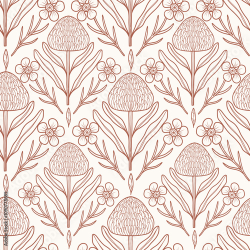Hand drawn Australian native flowers seamless pattern. Waratah and waxflower print