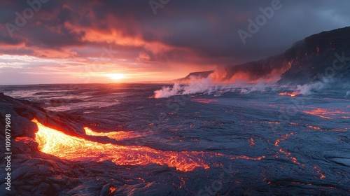 Stunning sunset over a volcanic landscape, showcasing glowing lava flows and dramatic clouds. Nature's raw power and beauty.