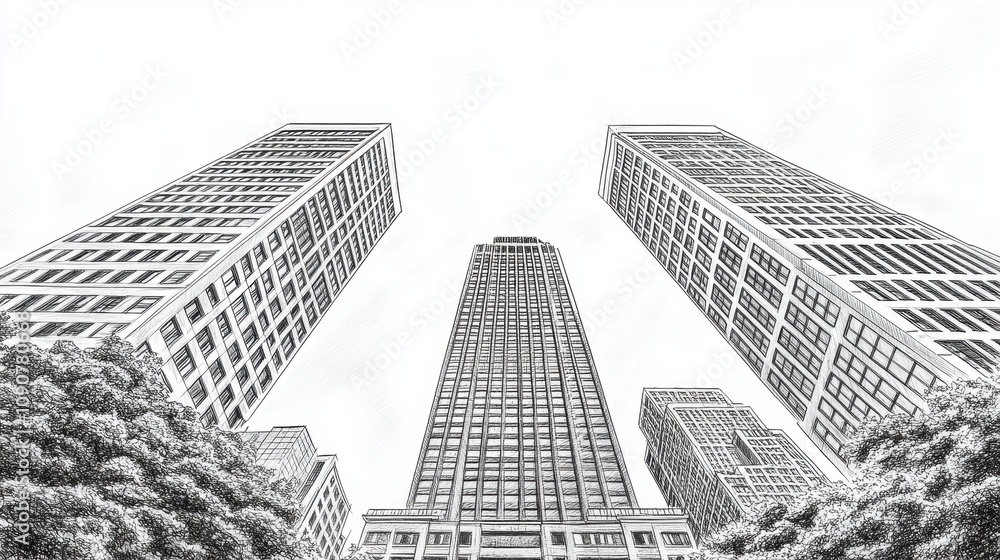 Fototapeta premium Stunning Illustrative Perspective of Skyscrapers Towering Overhead in Urban Landscape with Trees in Foreground and Cloudy Sky as Background