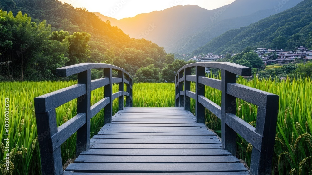 Obraz premium Scenic View of a Wooden Bridge over Lush Green Rice Fields at Sunset with Mountains in the Background Capturing Tranquility and Natural Beauty