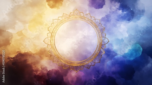 buddhist enlightenment symbol, illustration of a colorful dharmachakra with a radiant halo and lotus petals, set in a celestial sky of gold, purple, and blue symbolizing spiritual growth photo