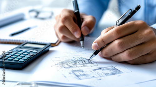 An architect closely examines a model of a house with a notebook and calculator beside them, calculating precise construction costs while referencing the design. photo