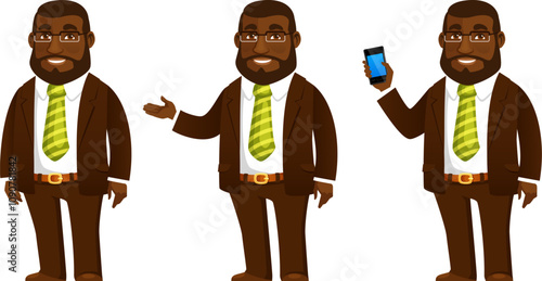 funny cartoon character of an African American businessman, teacher or lawyer wearing brown suit and glasses. Cheerful black man smiling, gesturing or using a mobile phone.