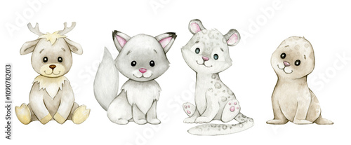 Arctic fox, reindeer, leopard, seal. Cute animals of the north, hand-drawn, in watercolor, on an isolated background.