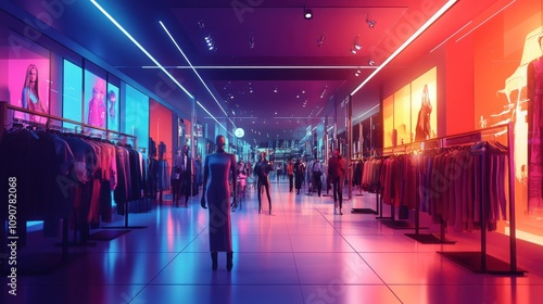 Vibrant Fashion Store Interior with Shoppers in Cartoon Style