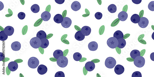 Berries of Blueberry seamless pattern. Blueberries with Green Leaves. Wild berries, summer botanical vector illustration of fresh organic fruits