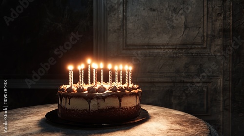 A delicious cake adorned with glowing candles sits on a table against a wall.