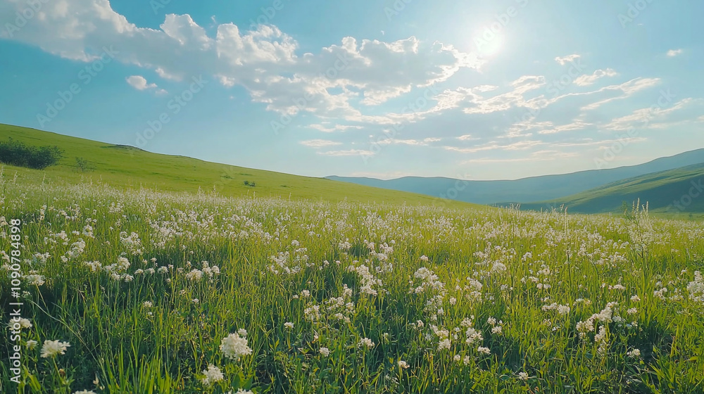 Fototapeta premium Expansive green meadow filled with wildflowers under a bright blue sky at midday
