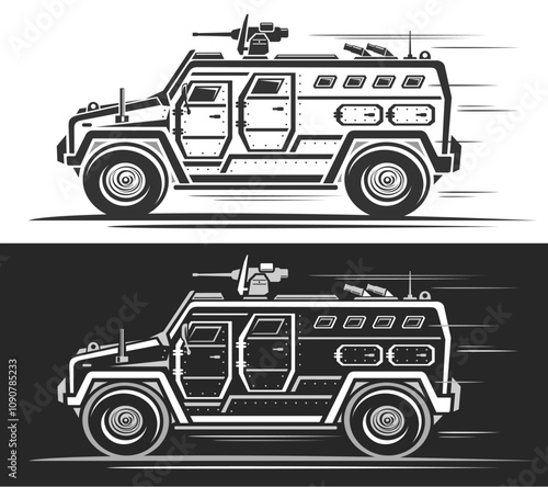 Vector logo for Army Armored Vehicle, automotive horizontal banner with monochrome contour illustration of army concept car in moving, clip art of running army vehicle on black and white background