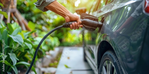 Charging an Electric Car in a Lush Setting photo