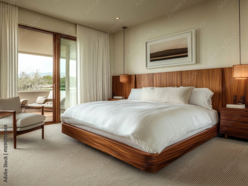 Fototapeta premium Modern Bedroom With Wooden Bed And Balcony View