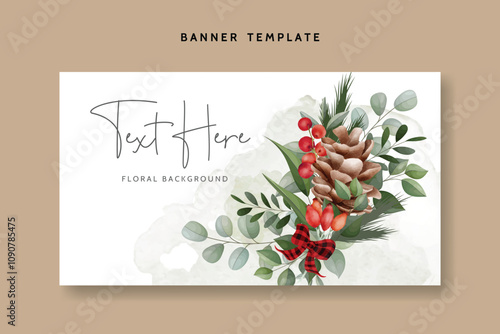 watercolor floral background with greenery leaves red berry and pine
