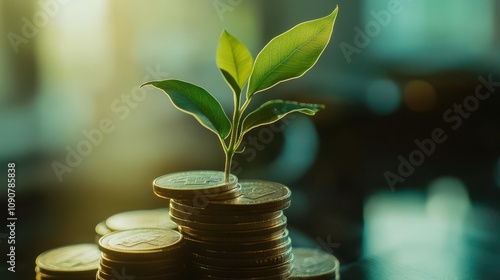 Growth and Prosperity: A Green Plant Emerging From Stacks of Gold Coins Symbolizing Financial Success and Environmental Sustainability in Business Ventures photo