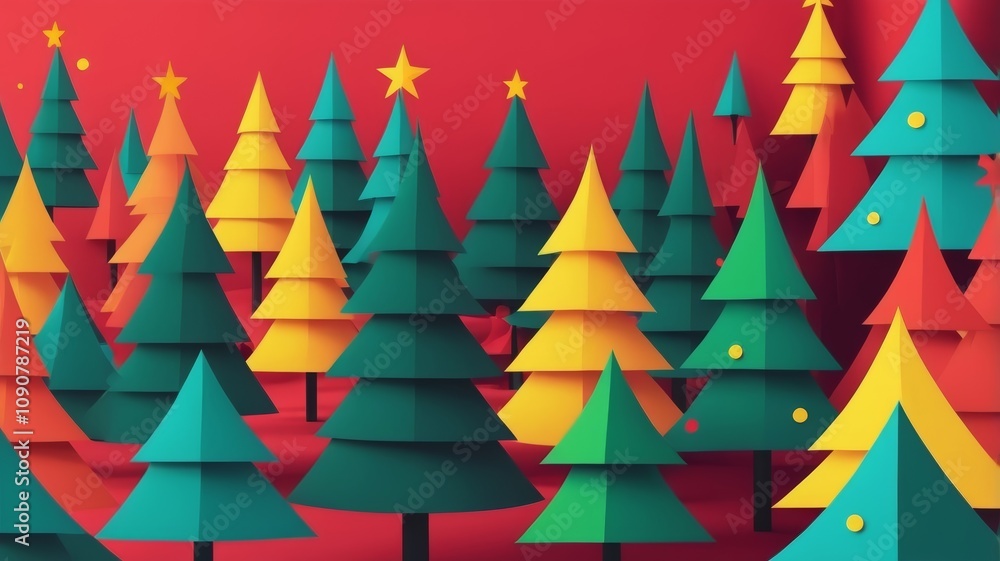 Christmas trees in a forest set against a vibrant red background, creating a festive and cheerful atmosphere. Christmas trees in a forest set against a vibrant red background, creating a festive and cheerful atmosphere.