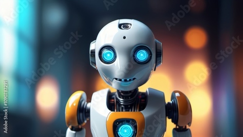 A robot featuring bright blue eyes, showcasing a sleek design and advanced technology.