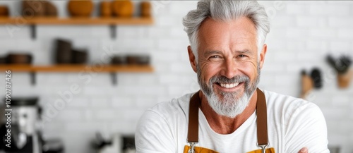 Man with a white shirt and apron is smiling in front of a kitchen. He looks happy and content photo