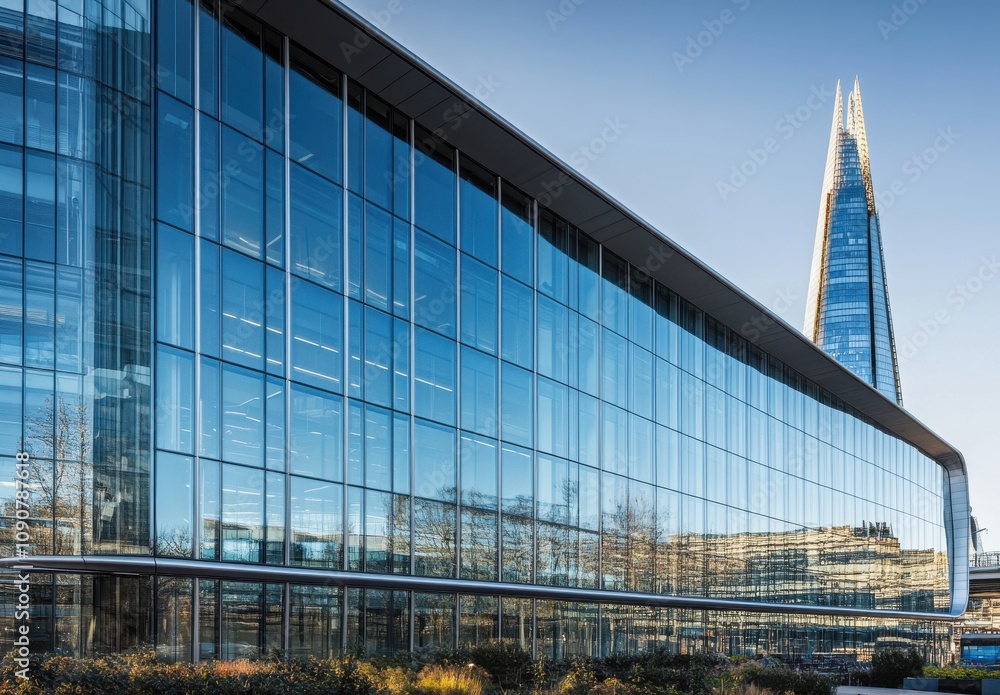 Fototapeta premium Modern Glass Building with Reflection of Skyline Featuring Iconic Tower Against Clear Blue Sky in Urban Setting