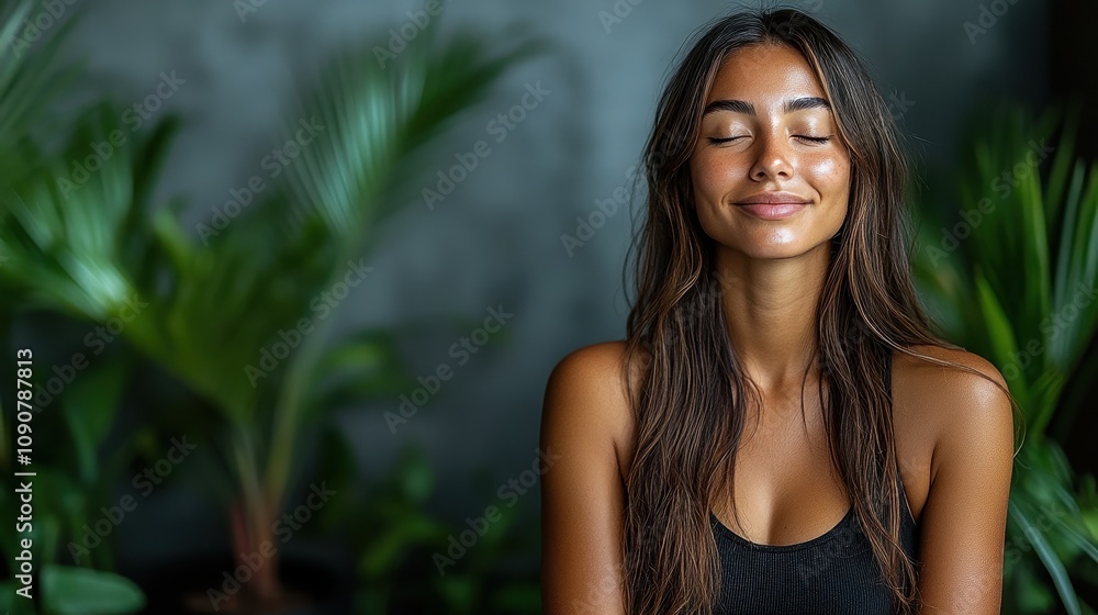 Serene Young Woman with Long Hair Smiling Peacefully in a Tropical Indoor Setting Surrounded by Lush Green Plants and Calm Atmosphere Serene Young Woman with Long Hair Smiling Peacefully in a Tropical Indoor Setting Surrounded by Lush Green Plants and Calm Atmosphere
