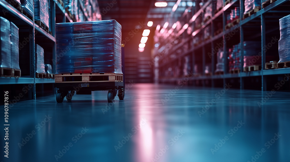 Φωτογραφία In a vibrant warehouse, a pallet on a manual trolley holds a variety of goods, standing out in an organized aisle, ideal for wholesale concepts with text space