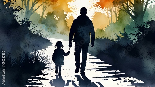 Parent and child silhouette walking away. Education concept art. Parenting and educating abstract watercolor illustration. Parenthood and childhood. Walking down the path of righteousness.