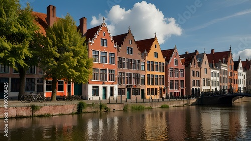 row of colorful houses in the bruges canals. low countries, netherlands, amsterdam, colorful houses, bright colors
