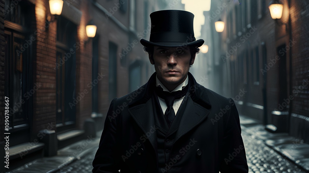 Silhouette of a Mysterious man wearing a black coat and top hat walking ...