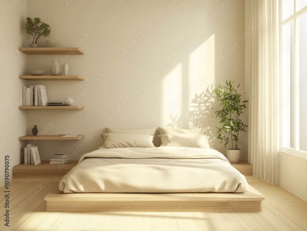 Fototapeta premium Minimalist Bedroom Design With Wooden Platform Bed And Shelves