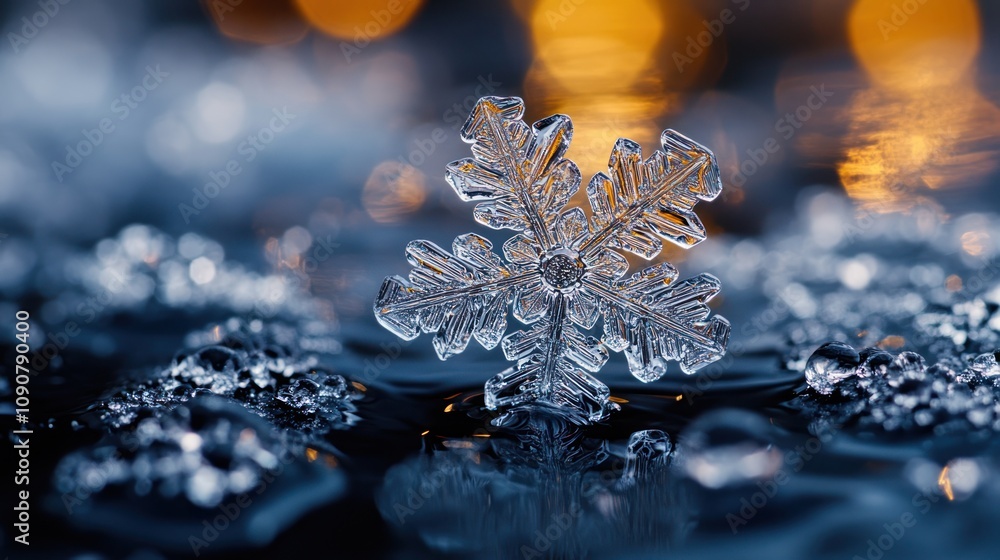 A close-up of a snowflake resting on a reflective surface. A close-up of a snowflake resting on a reflective surface.