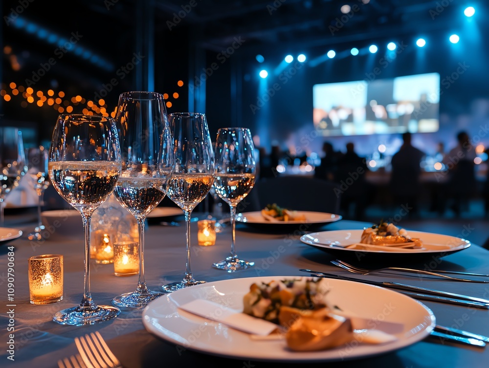 A corporate gala event with a formal dinner, stage, and award ceremony