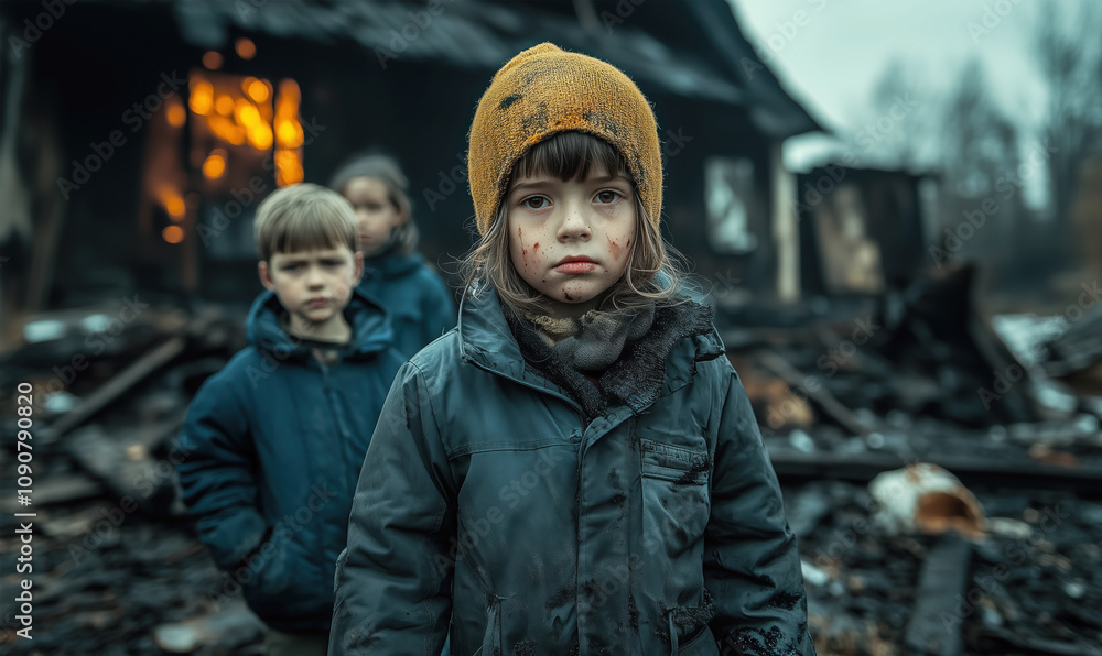 Fototapeta premium Three children stand in ruins wearing winter clothes. Burned house with visible fire and smoke in the background. Faces reflect sadness and loss. Cold, desolate atmosphere with destruction around