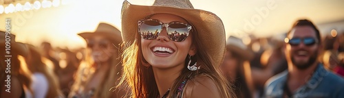 A country music festival with cowboy hats and a stage under open skies