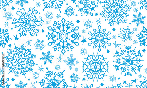 Vector seamless Christmas hand drown monochrome pattern with blue doodle snowflakes and stars on a transparent background