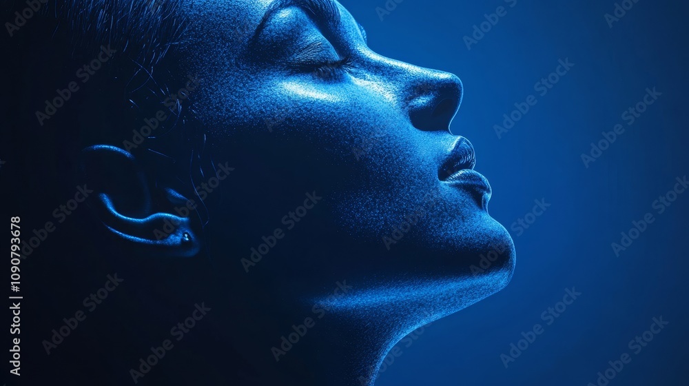 A woman's face is shown in a blue background A woman's face is shown in a blue background