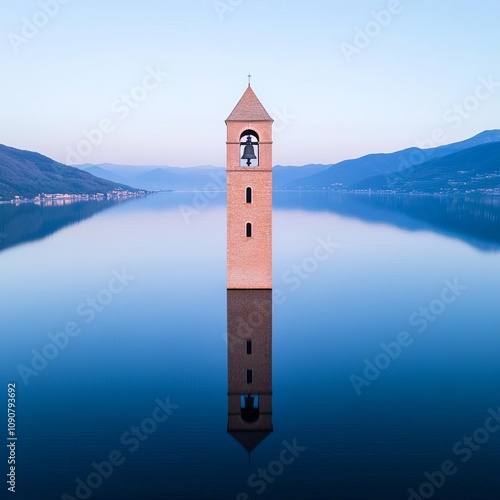 A bell tower standing alone in a vast lake, the last remnant of a forgotten town photo