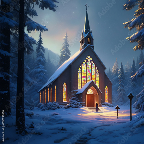 illimunated church in winter with lights on at night snow covered  photo