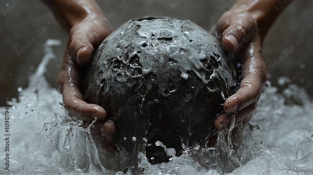Fototapeta premium Hands holding a textured sphere submerged in turbulent water.