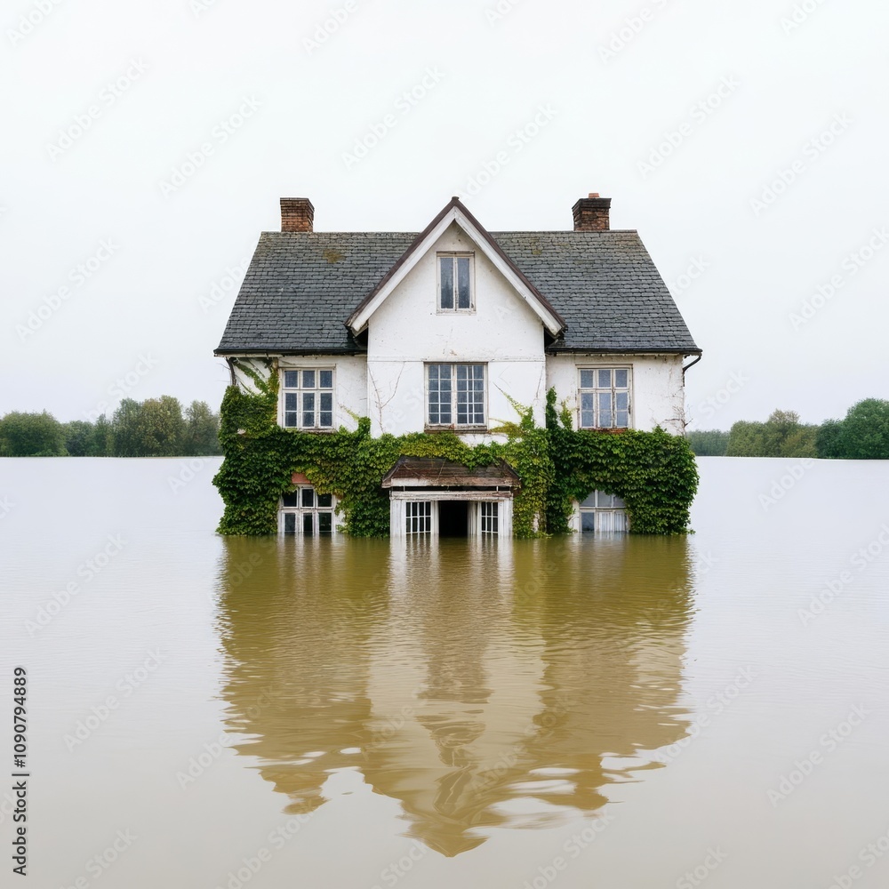 Obraz premium A flooded farmhouse, with vines and moss creeping over its submerged frame