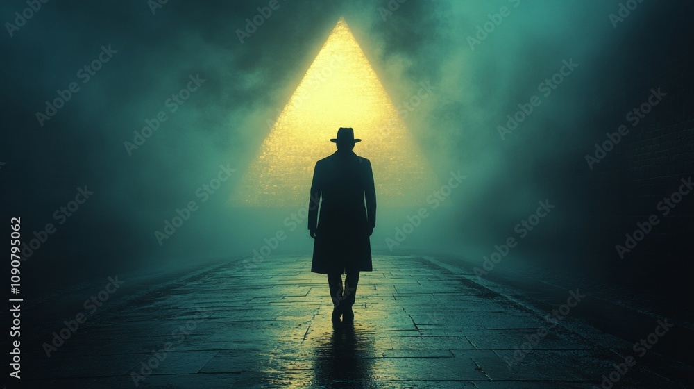 A man is walking down a path in the rain, with a large pyramid in the background A man is walking down a path in the rain, with a large pyramid in the background