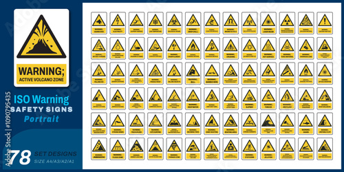 78 set iso warning safety signs v75_active volcano zone_portrait size a4/a3/a2/a1
