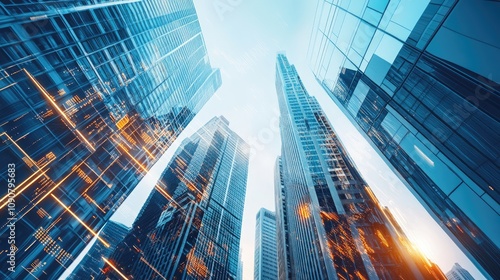 Wallpaper Mural Low angle view of skyscrapers, city buildings, urban landscape, modern architecture, business district, sunlight, glass, steel,  financial center. Torontodigital.ca