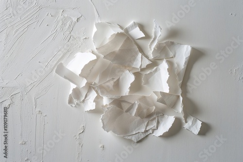 Torn Paper Fragments on a Pristine White Surface with Texture and Light