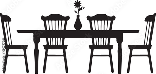 Dining table with chairs and a small flower vase in the center. Simple, clean lines define the design.